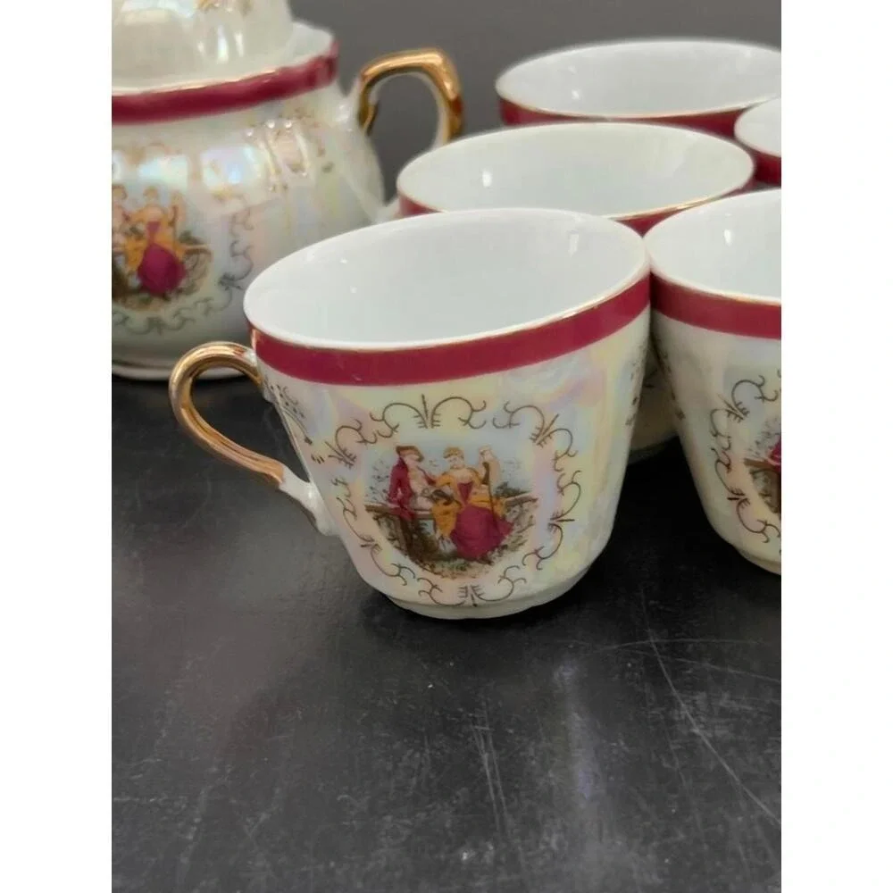 Vintage Italian Lusterware Tea Set Courting Couple‎ Burgundy Gold 8pc OS